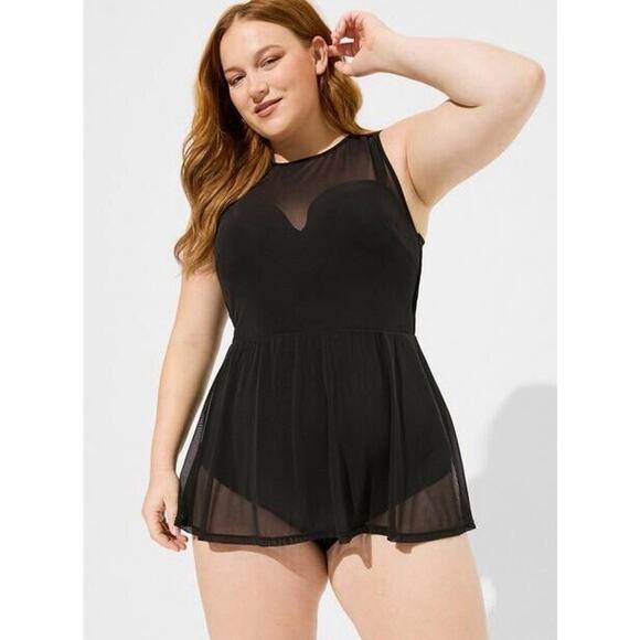 torrid Other - Torrid Plus Size 2 2X D/DD Black Underwire Long Mesh Overlay Swim Dress Swimsuit